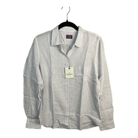 UNTUCKit Women's Button Up Long Sleeve Pin Stripe Shirt Linen Tencel Blend 8 NWT - Picture 1 of 9